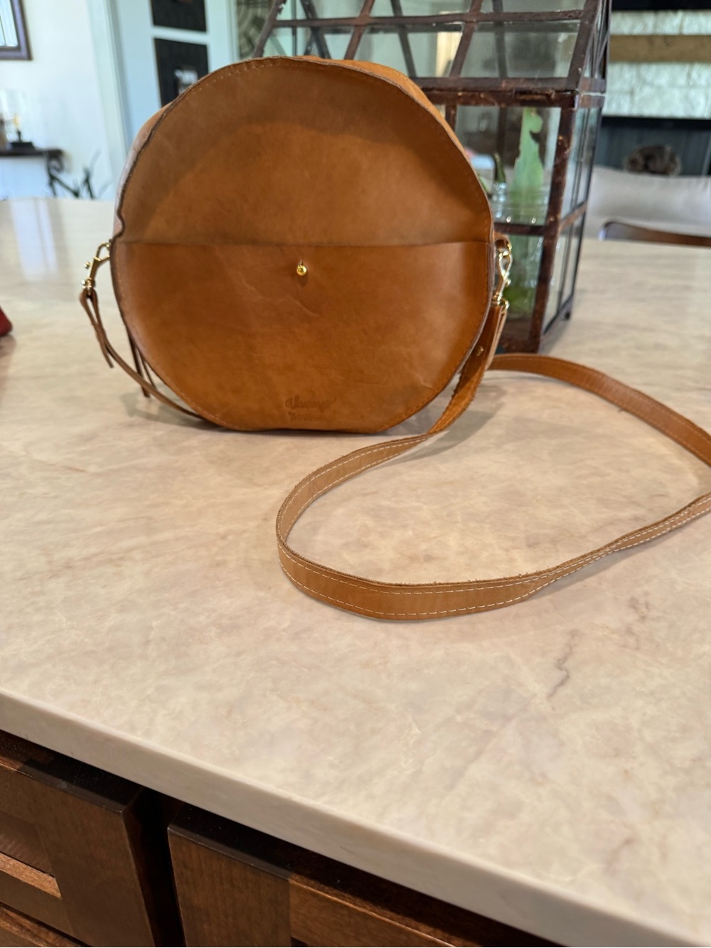 Leather Round Crossbody Bag in Tan